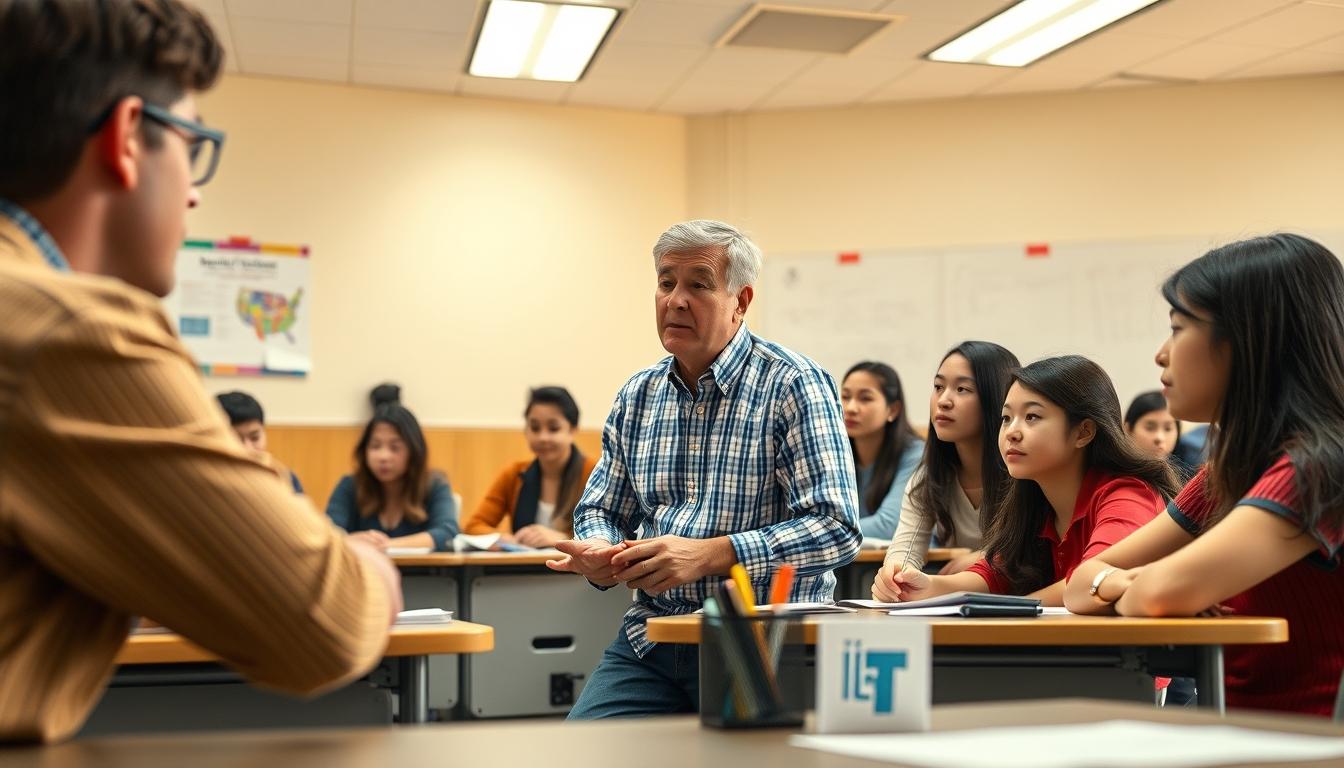 Students studying together in modern classroom